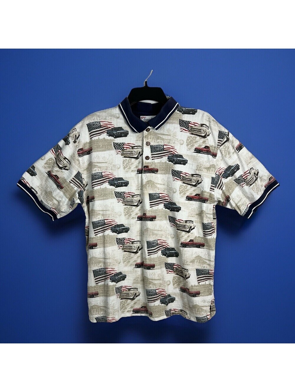 American Summer Clothing Company Men's Large Polo - Flags & Early 70’s GM Trucks